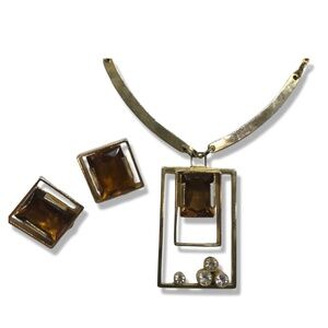 Vintage Austrian Two Tone Crystal Necklace and Matching Earrings 1970s Geometric